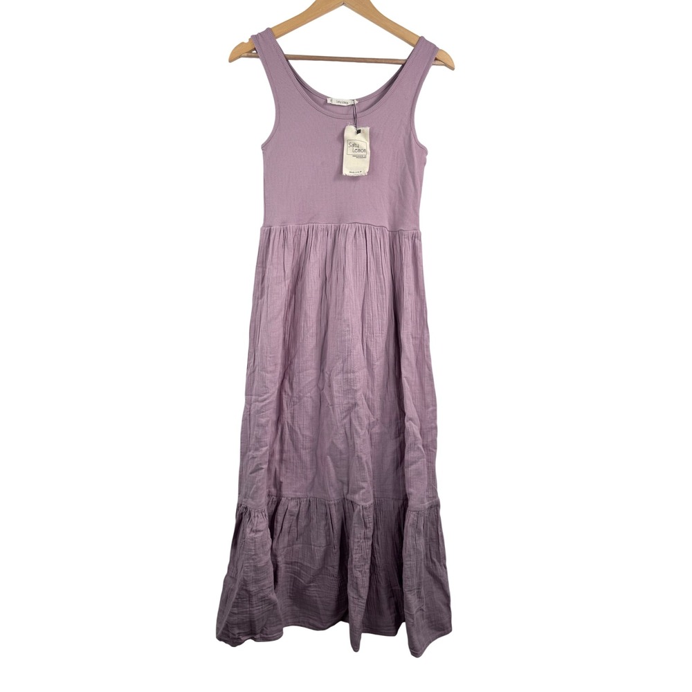 Salty Lemon Rose Ribbed Gauze Tiered midi Dress beach Boho beach‎ sz L